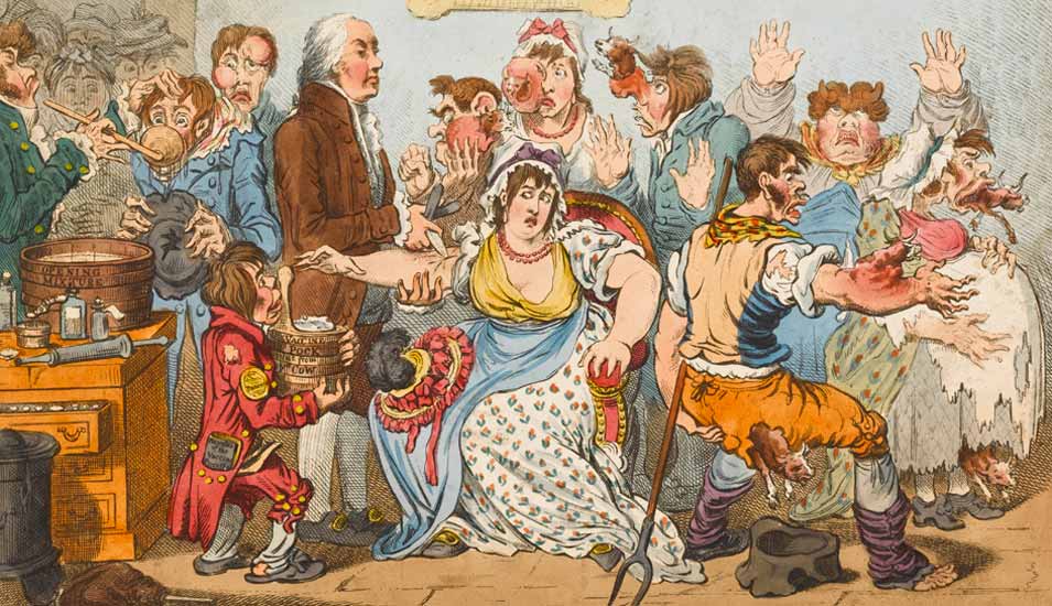 "THE COW POCK" oder "the Wonderful Effects of the new Inoculation": Der satirische Cartoon von James Gillray aus dem Jahr 1802 zeigt die vermeintlichen Folgen einer Pockenimpfung mit Kuhpocken.