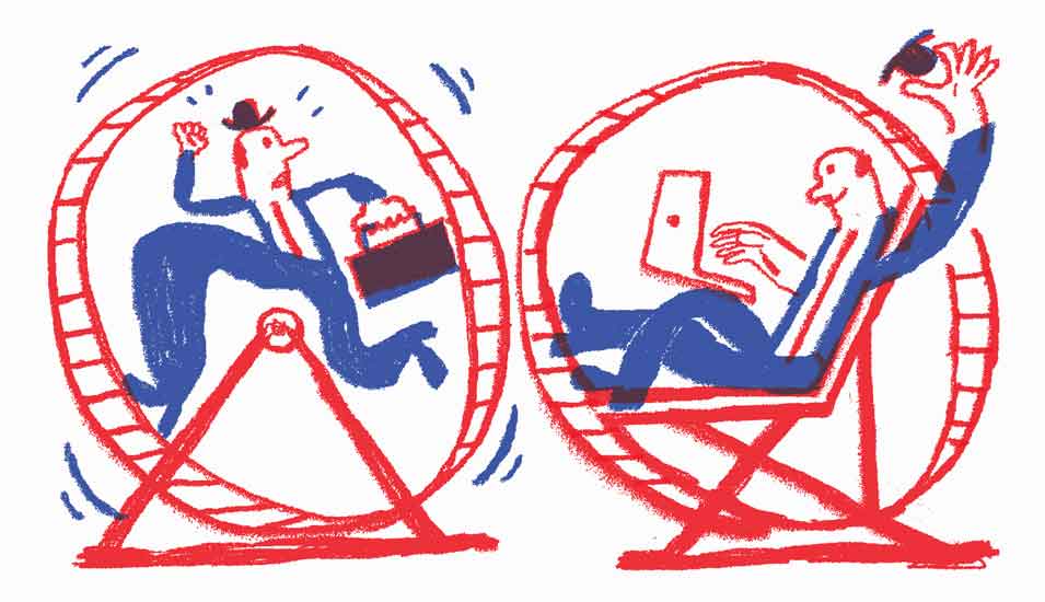 Illustration: Gegensatz zwischen gestresstem Geschäftsmann im Hamsterrad und entspanntem Mann mit Laptop