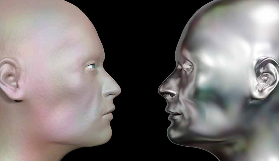 Computersimulation: Gesichter eines menschlichen Klons und eines humanoiden Roboters