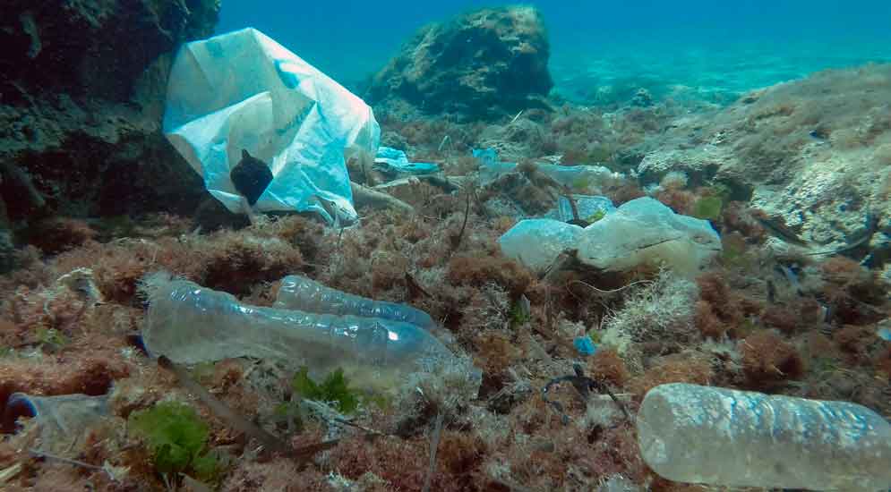 Plastikflaschen und Plastikmüll auf dem Meeresboden.