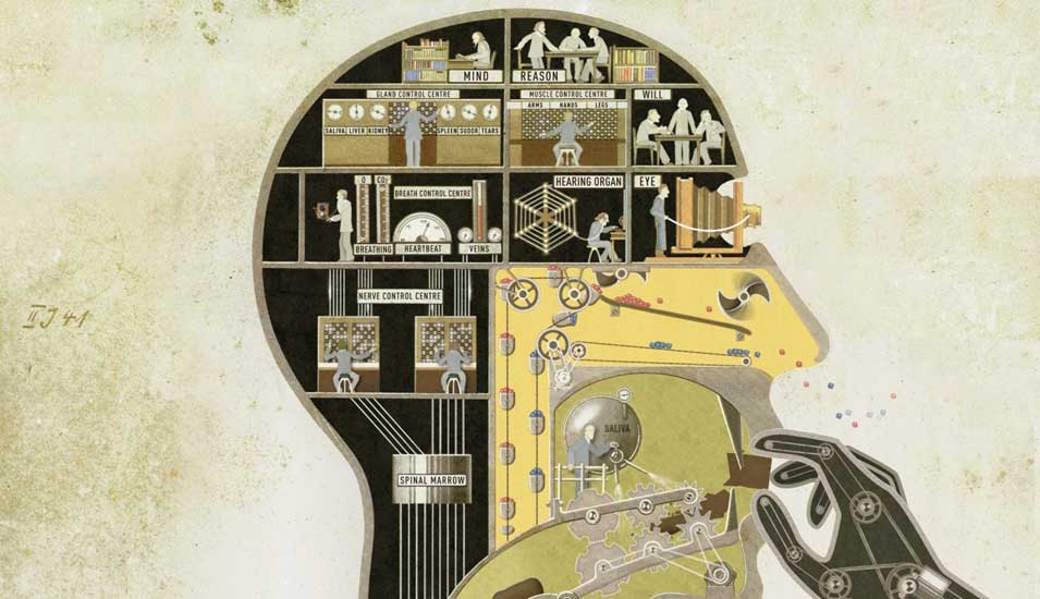 Grafische Darstellung des menschlichen Körpers als Fabrik, im Gehirn befinden sich verschiedene Kontrollzentren, die oberste Ebene von Geist und Verstand wird als Fabrikleitung dargestellt.