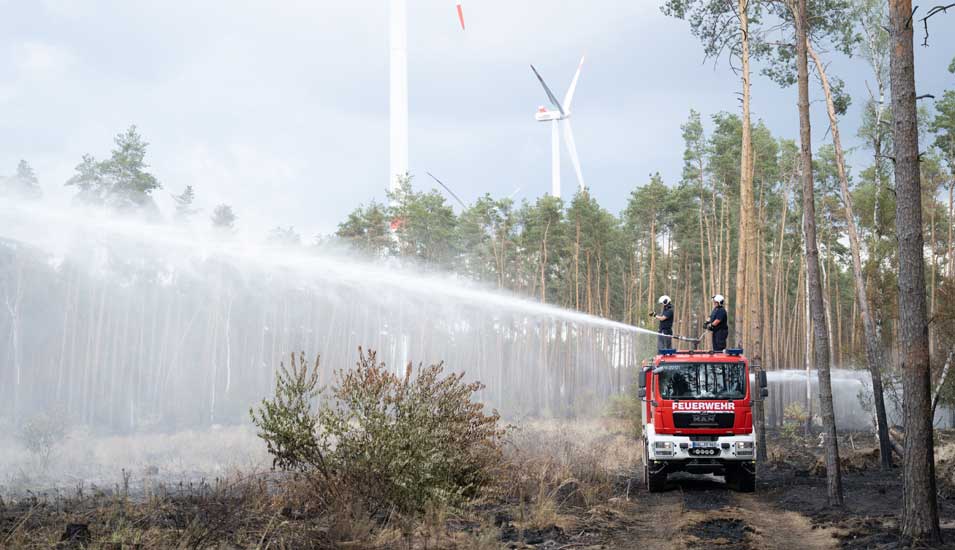 Löscharbeiten der Feuerwehr in einem an Brandenburg angrenzenden Waldbrandgebiet. 