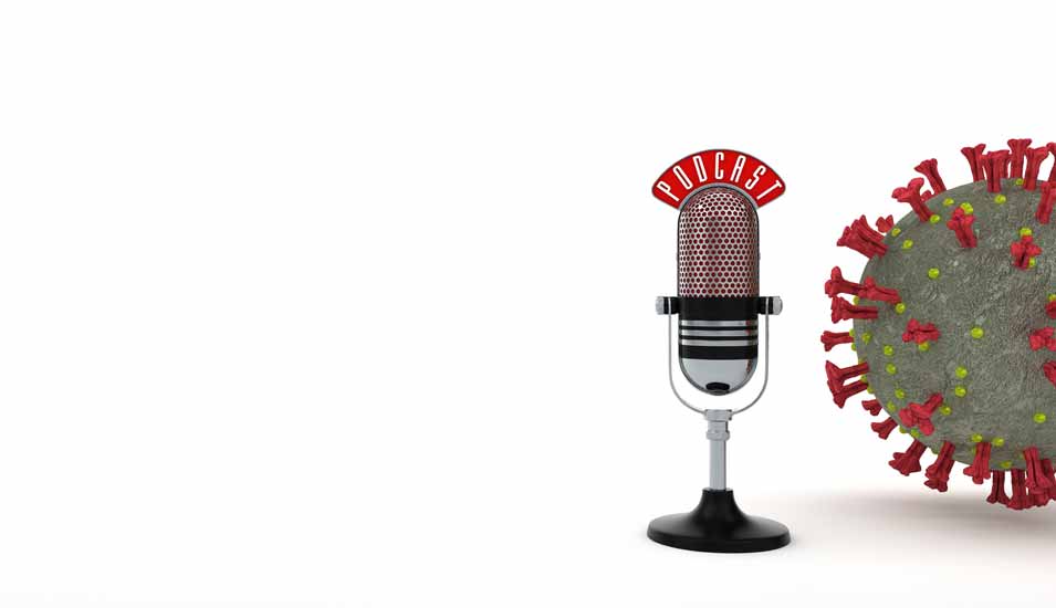 Illustration eines Podcast-Mikrofons neben einem Coronavirus-Modell