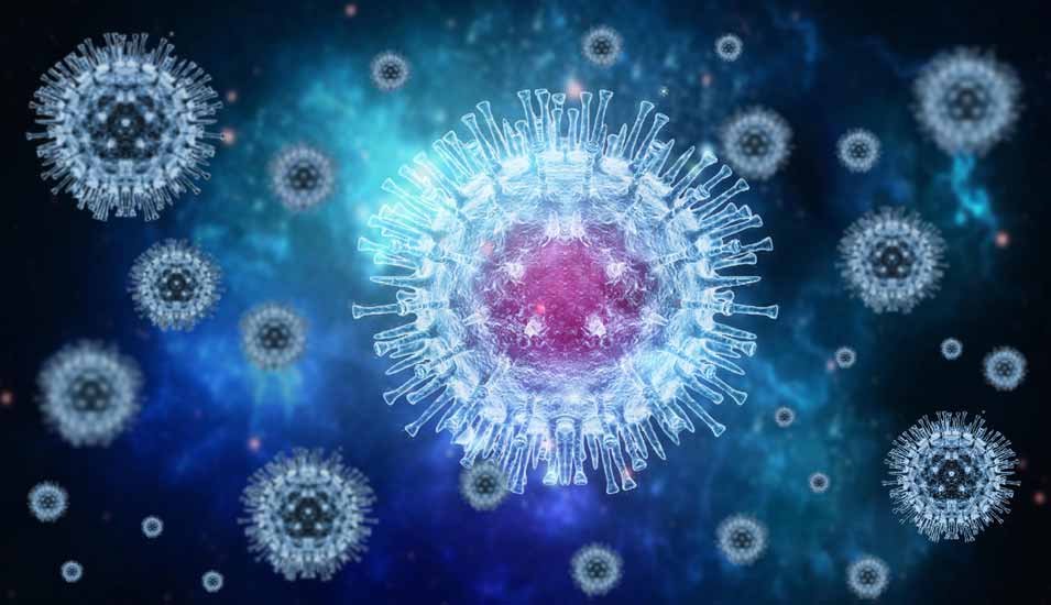 Grafik von Affenpocken-Viren auf blauem Hintergrund