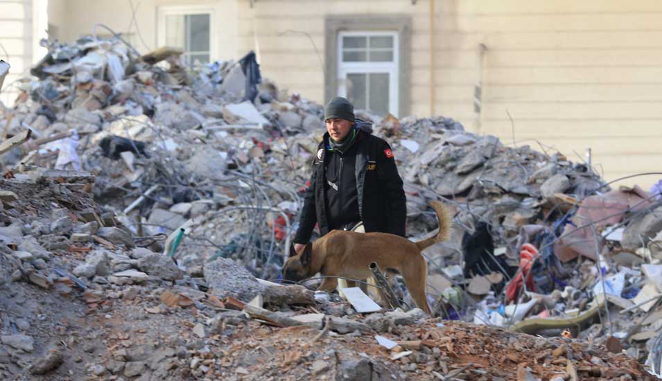 Ein Mann mit einem Suchhund im Erdbebengebiet.