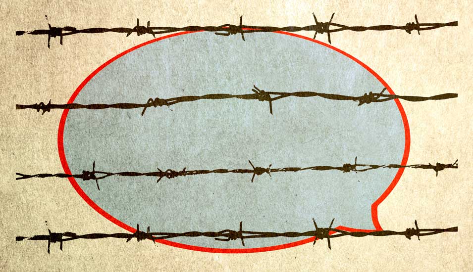 Rote Sprechblase hinter Stacheldraht (Illustration, Symbolbild für fehlende Meinungsfreiheit. 